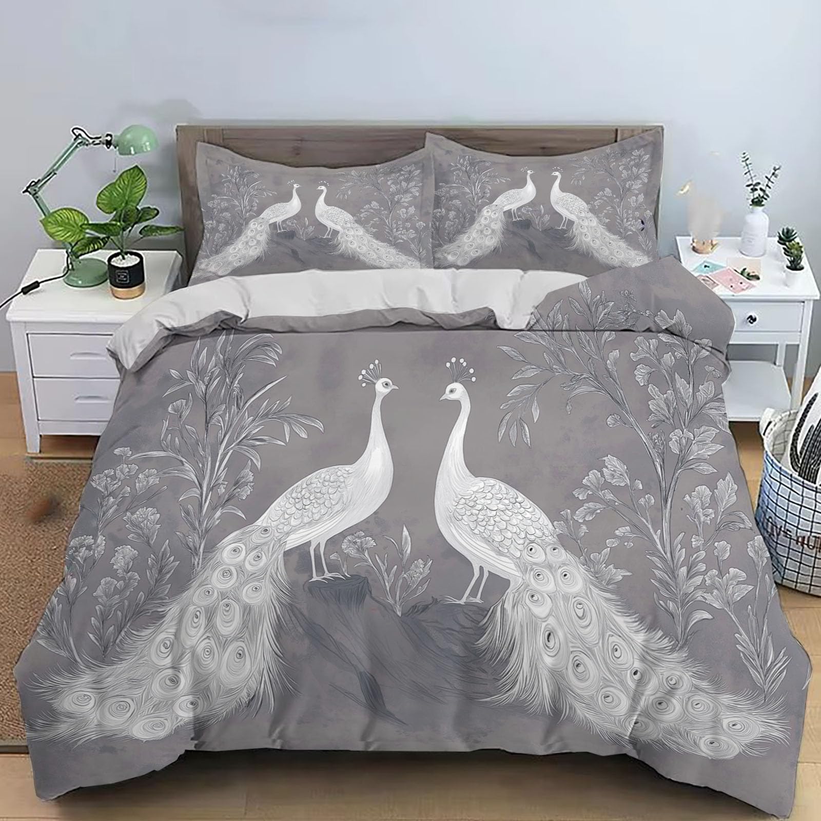 Microfibre parure couette réversible 220x240 cm gris charbon avec motif paon élégant