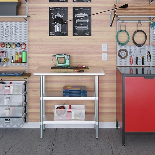 Vista 7 de AmGood Mesa de trabajo de acero inoxidable con 2 estantes NSF Mesa utilitaria de metal (36 pulgadas de largo x 18 pulgadas de profundidad)