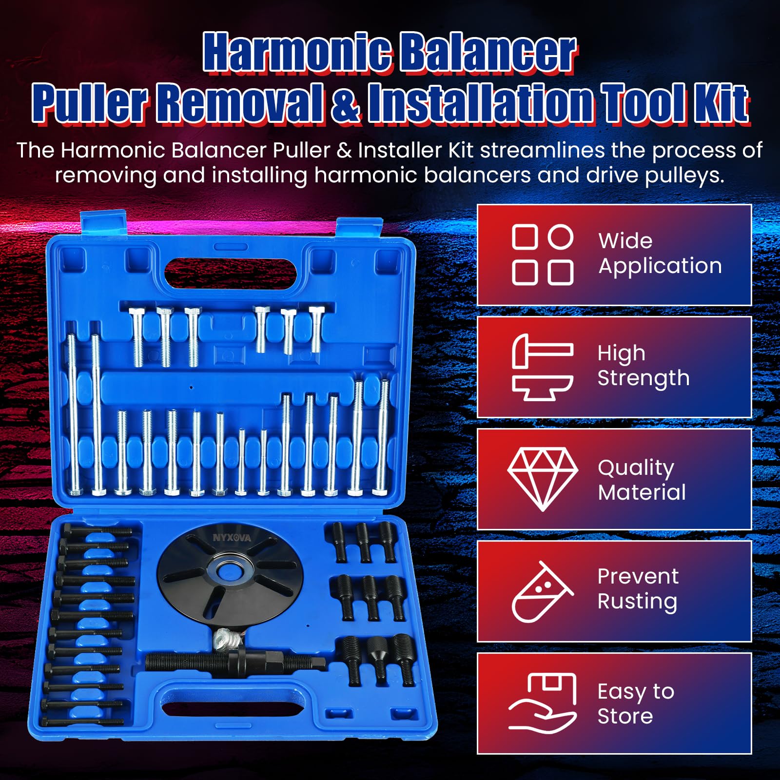 NYXOVA Kit de herramientas de extracción e instalación de extractor de equilibrador armónico, juego de instalación de extracción de polea de cigüeñal, juego de tracción del volante (azul)