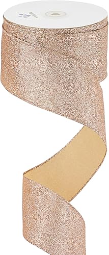 MEEDEE Cinta de oro rosa con purpurina de 2.5 pulgadas, cinta con alambre de oro rosa por 25 yardas, cinta de oro rosa para árbol de Navidad,