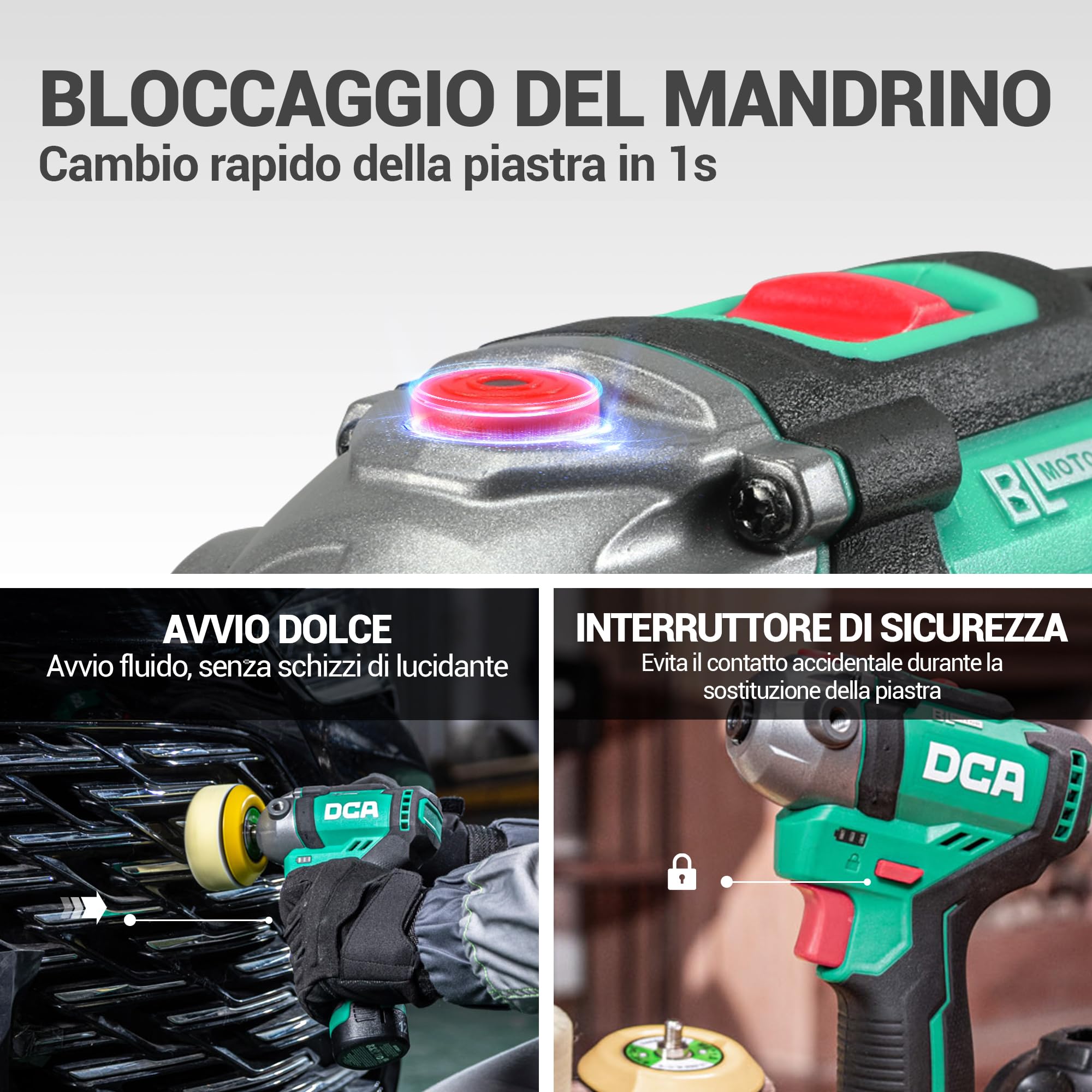 DCA Lucidatrice Auto a Batteria 12V, 75mm Mini Lucidatrice Rotativa Lucidatrice Senza Spazzole e 50mm Levigatrice, 2 Batterie da 2,0Ah, 2 Velocità 2800-8300 RPM per Lucidare, Cera e Pulire