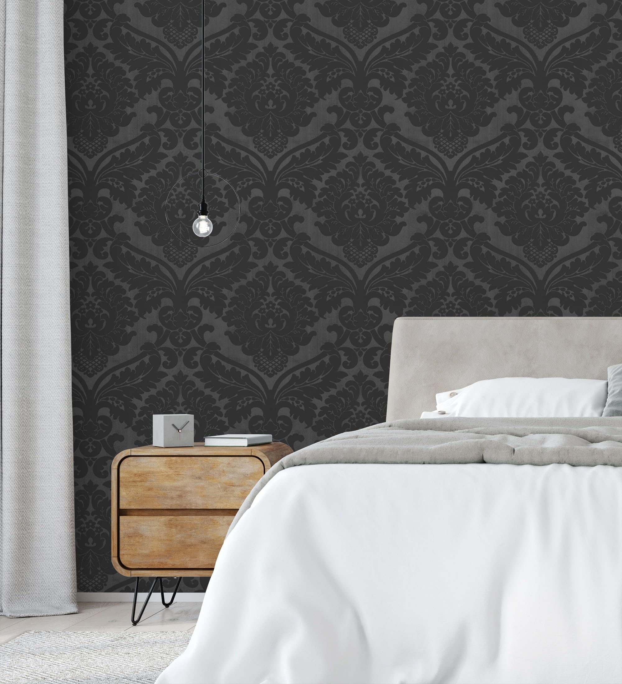 GAULAN 421504 - Papel pintado vinílico lavable de damasco victoriano color negro fondo satinado para pared salón cocina baño dormitorio mueble - Rollo de 10 m x 0,53 m