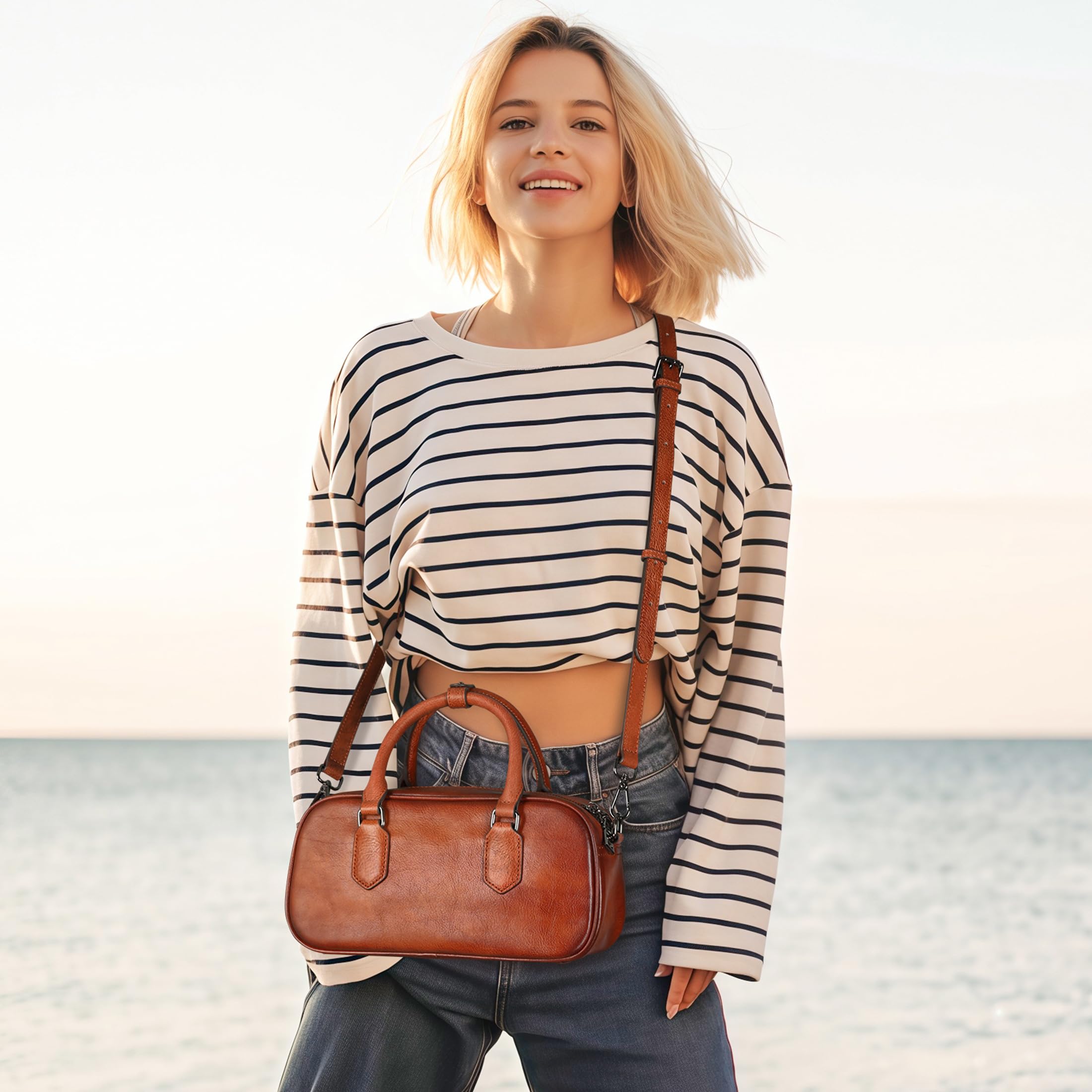 HESHE Leather Shoulder Bags for Women Satchel Bag Hobo Handbags Zipper Crossbody Purse Top Handle Barrel Purse with Adjustable Strap Cross Body Bags(Brown)