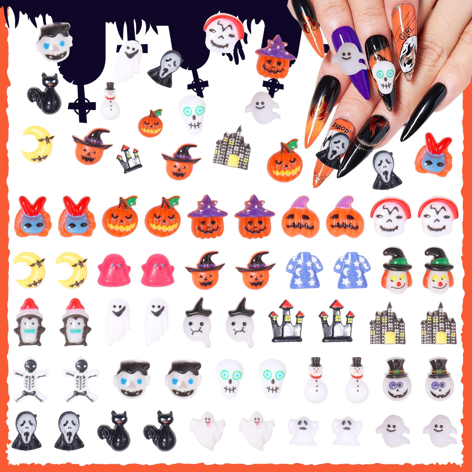 100 Pcs Assorted Halloween Nail Charms, Mini Figurines Cute Pumpkin Ghost Skeleton Halloween Resin Nail Art Charms, Halloween Ghost Moon Pumpkin Charm for Acrylic Nails Supplies-image-29