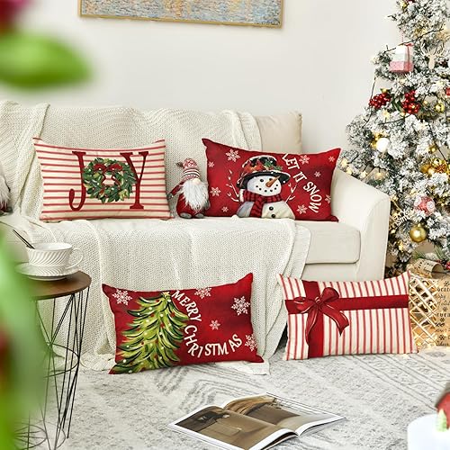 Miniatura 2 de AVOIN colorlife Merry Christmas Let It Snow Joy - Juego de 4 fundas de almohada rojas, 12 x 20 pulgadas, con diseño de rayas y árbol de Navidad,