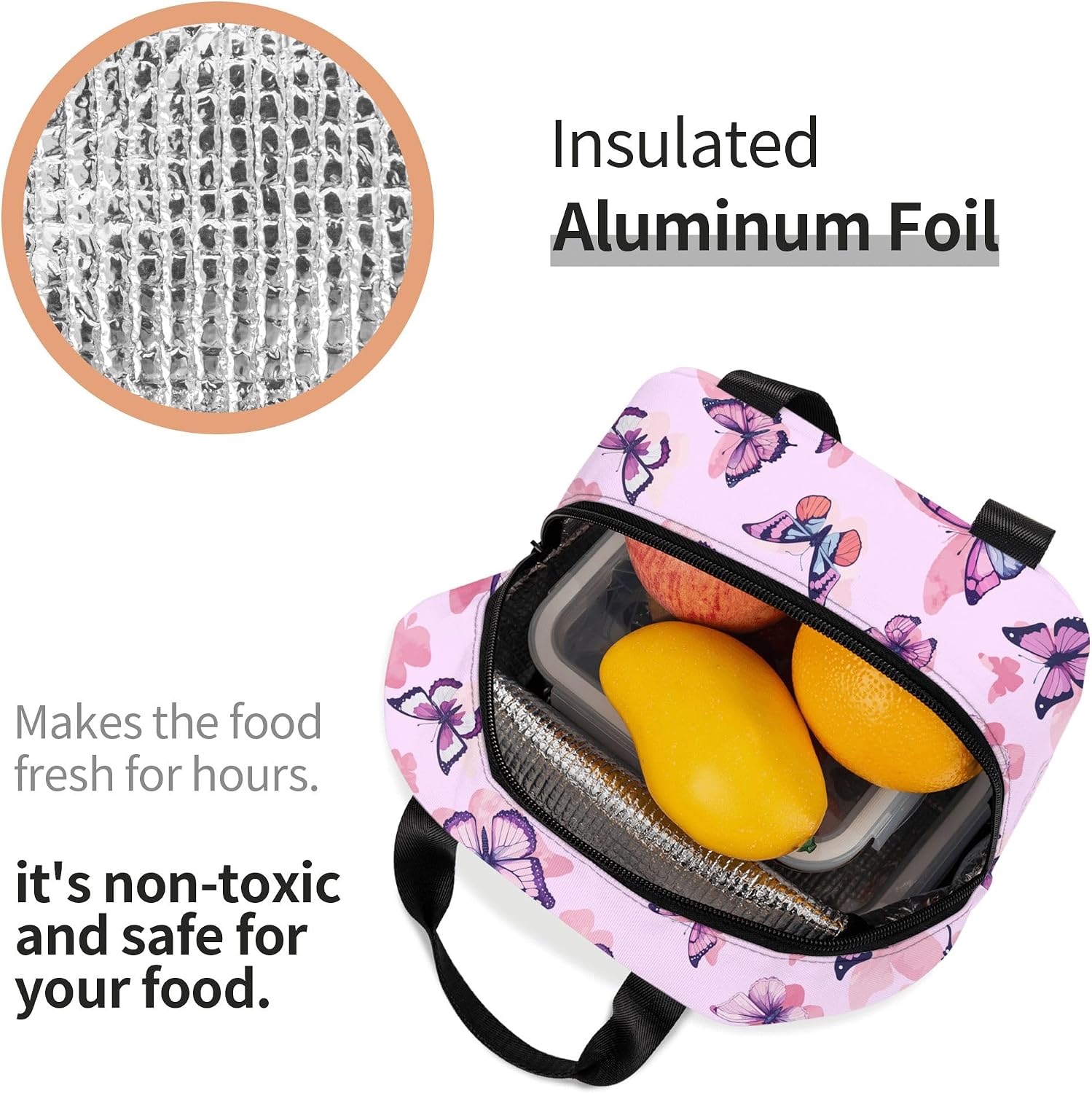 Lunch Box Lunch Bag for Girls Women Kids, Reusable Insulated Lunch Tote Bag for School,Leakproof Thermal Cooler Sack Food Handbags for Work Picnic Camping Travel (Pink Butterfly) image 5