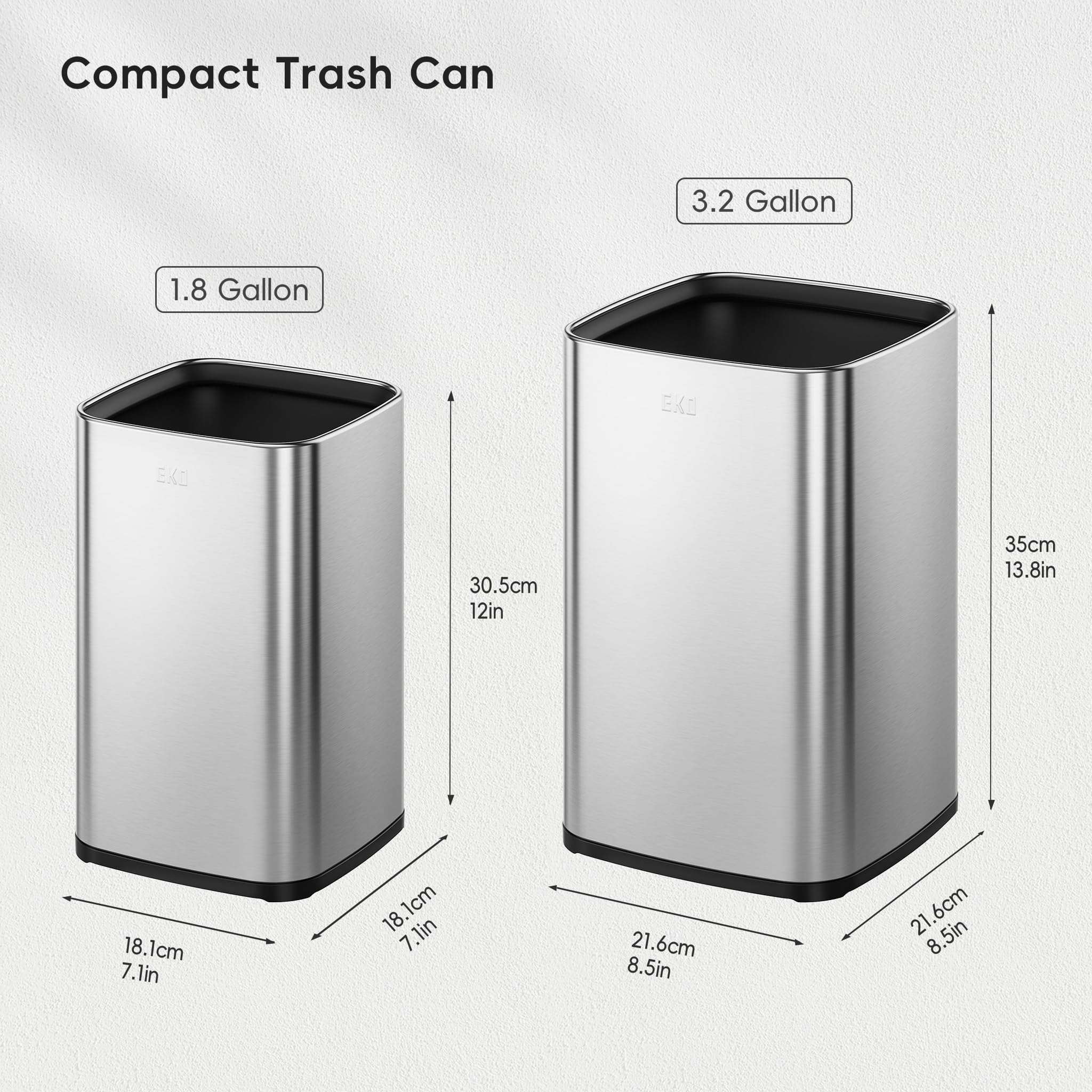 EKO Lot de 2 poubelles carrées sans couvercle avec panier intérieur amovible, petite poubelle carrée de 5 + 10 litres pour cuisine, salle de bains, bureau, maison (acier inoxydable)