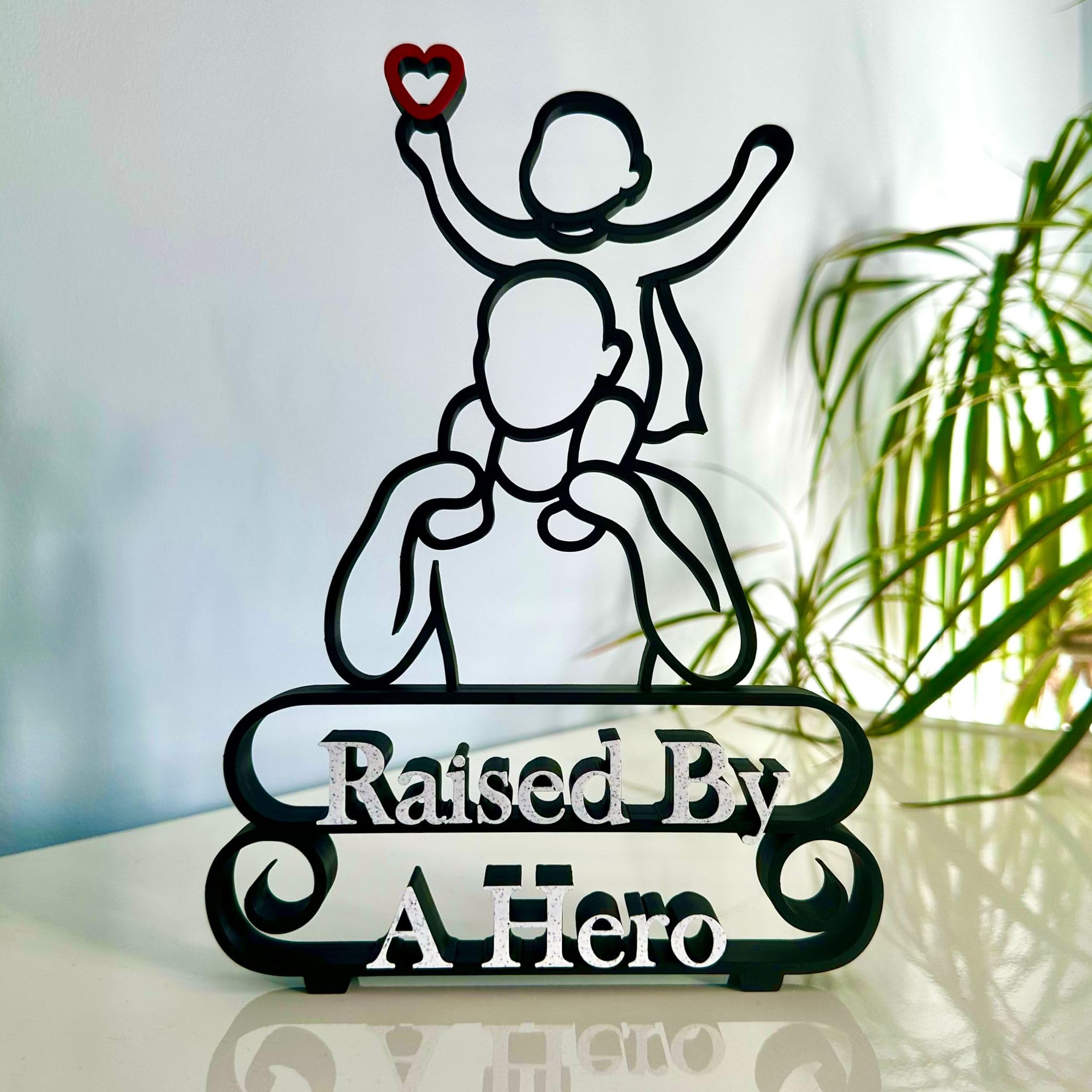 2d6 Designs Father & Child Line Art Sculpture - Raised By A Hero - Minimalist 3D Printed Statue - Gift for Dad - Father’s Day, Birthday, Christmas Black, Small (15cm)