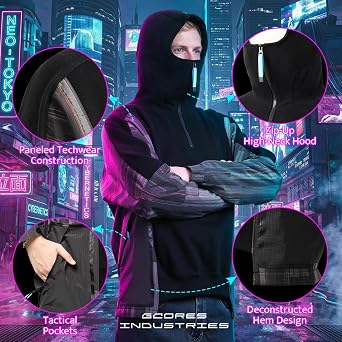 Men's Techwear Cyberpunk 2077 Hoodie, Zip up High Neck Hooded Sweatshirt, Tactical Pocket Design