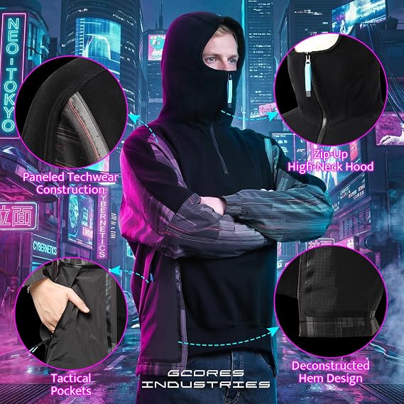 Men's Techwear Cyberpunk 2077 Hoodie, Zip up High Neck Hooded Sweatshirt, Tactical Pocket Design