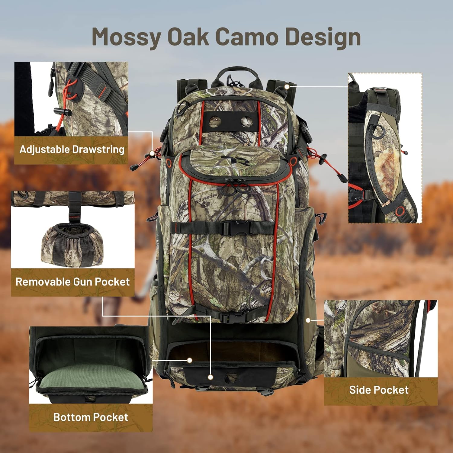 TR Hunting Backpack, Waterproof Hunting Pack with Rifle Holder,Internal Frame,Rain Cover, Camo Daypack for Rifle Bow Gun