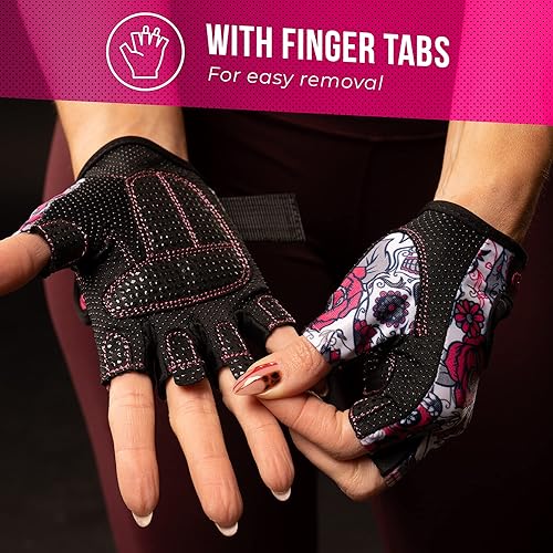 Miniatura 7 de Contraband Pink Label 5237 - Guantes de entrenamiento de diseñador para mujer, estampado de calavera de azúcar y acolchado Grip-Lock (rosa, L)