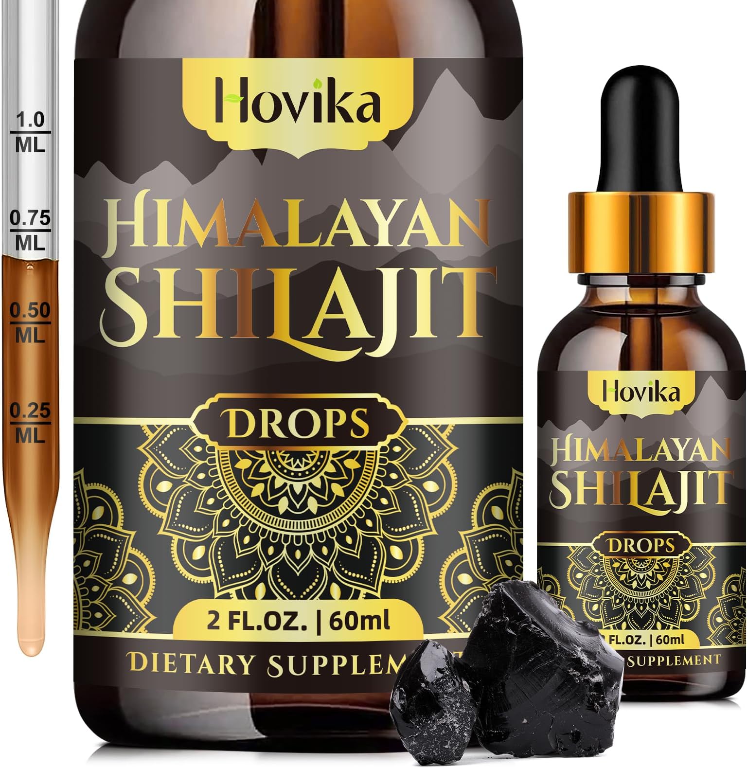 Himalayan Shilajit Resin Liquid Drops, Pure Organic Himalayan Shilajit Resin 600mg with Ayurvedic Blend & 85+ Trace Minerals & Fulvic Acid for Brain Booster & Energy Immune Support, 2 Fl Oz