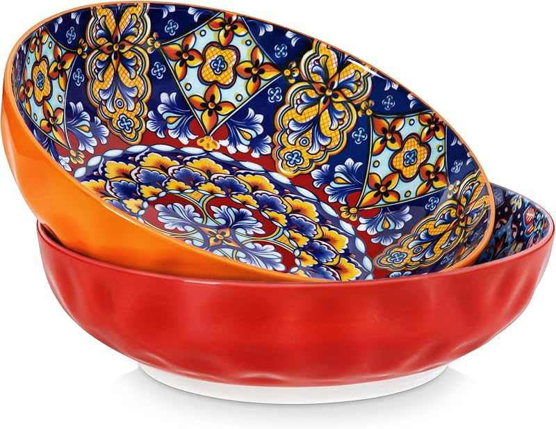Tazones grandes para servir,Juego de 2 ensaladeras de 78 onzas,Platos para servir-Rojo | Cuencos decorativos bohemios para ensalada, fruta, pasta y cena, juego de platos para servir para fiestas, aptos para lavavajillas y microondas