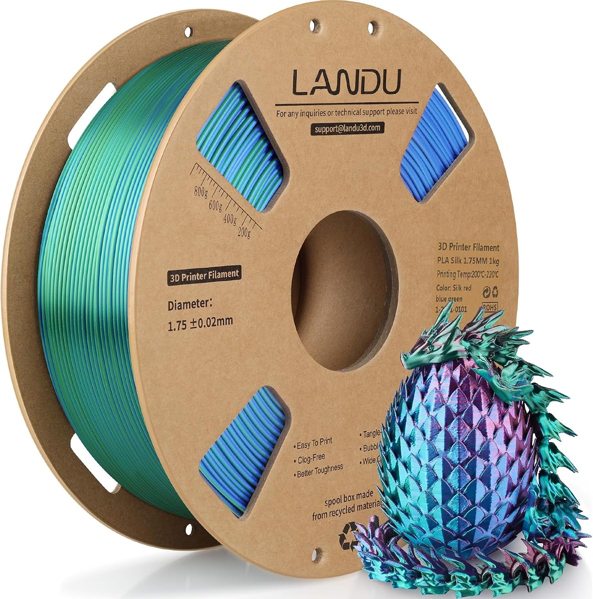 Filamento de Pla tricolor de seda LANDU 1,75mm 1 kg, filamento de Pla de seda de tres colores, filamento de Pla de arco iris de seda, filamento de impresora 3D cuidadosamente enrollado, filamento multicolor 3 en 1 +/-0,02mm, rojo de seda azul verde