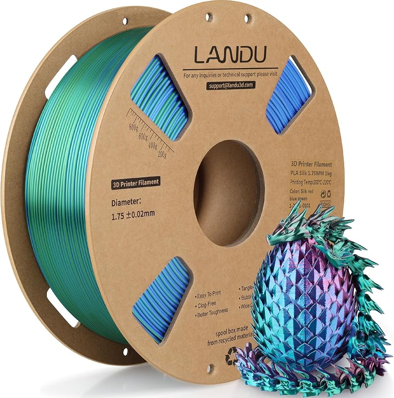 LANDU Silk Tri-Color PLA Filament 1.75mm 1Kg, Triple Color Silk PLA Filament, Silk Rainbow PLA Filament, Neatly Wound 3D Printer Filament, 3 in 1 Multi Color Filament +/-0.02mm, Silk Red Blue Green