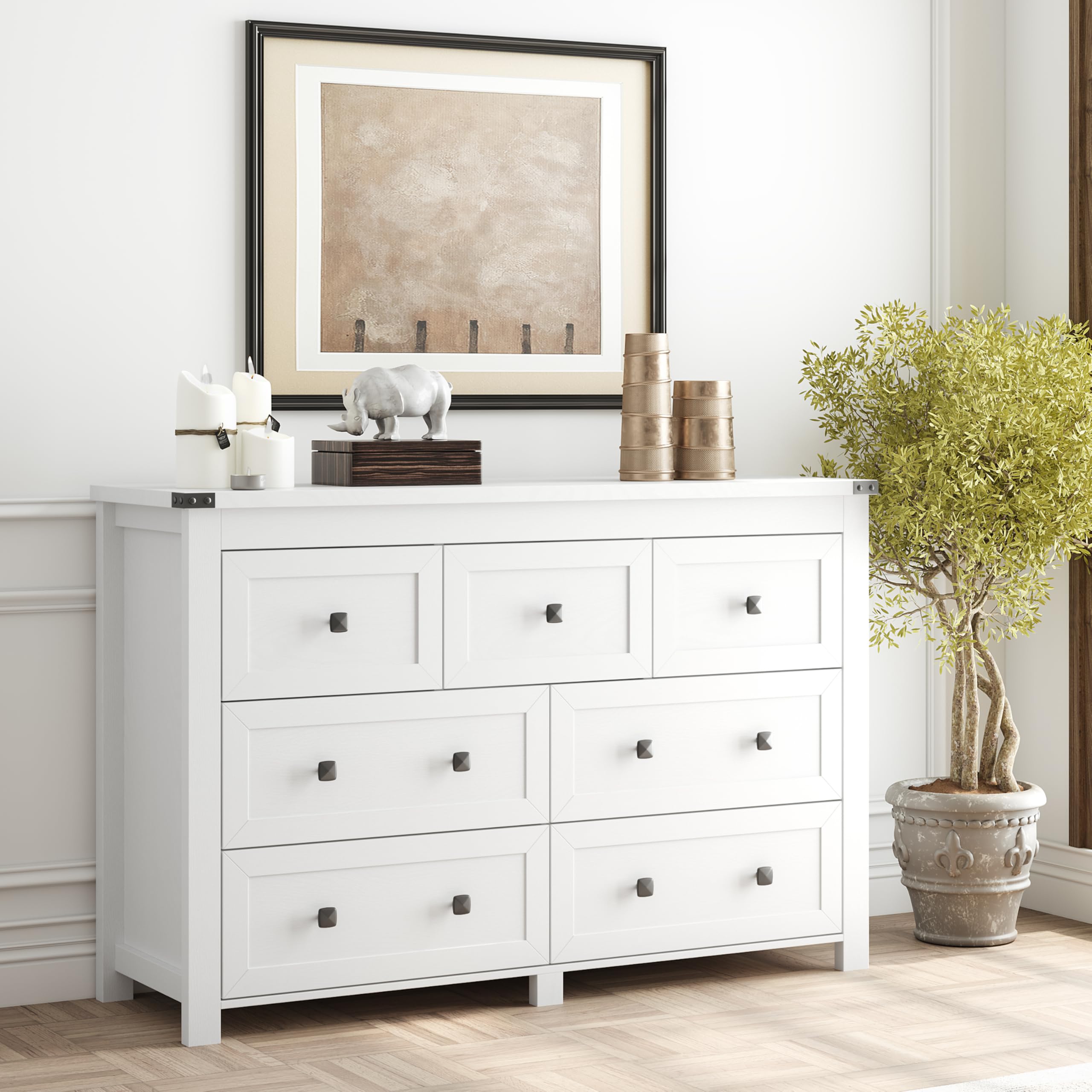 Boonatu White Dresser for Bedroom with 7 Drawers, Wood Dressers Chest of Drawers with Metal Handles, Modern Bedroom Dresser with Drawers for Closet Hallway, Living Room, White : Home & Kitchen