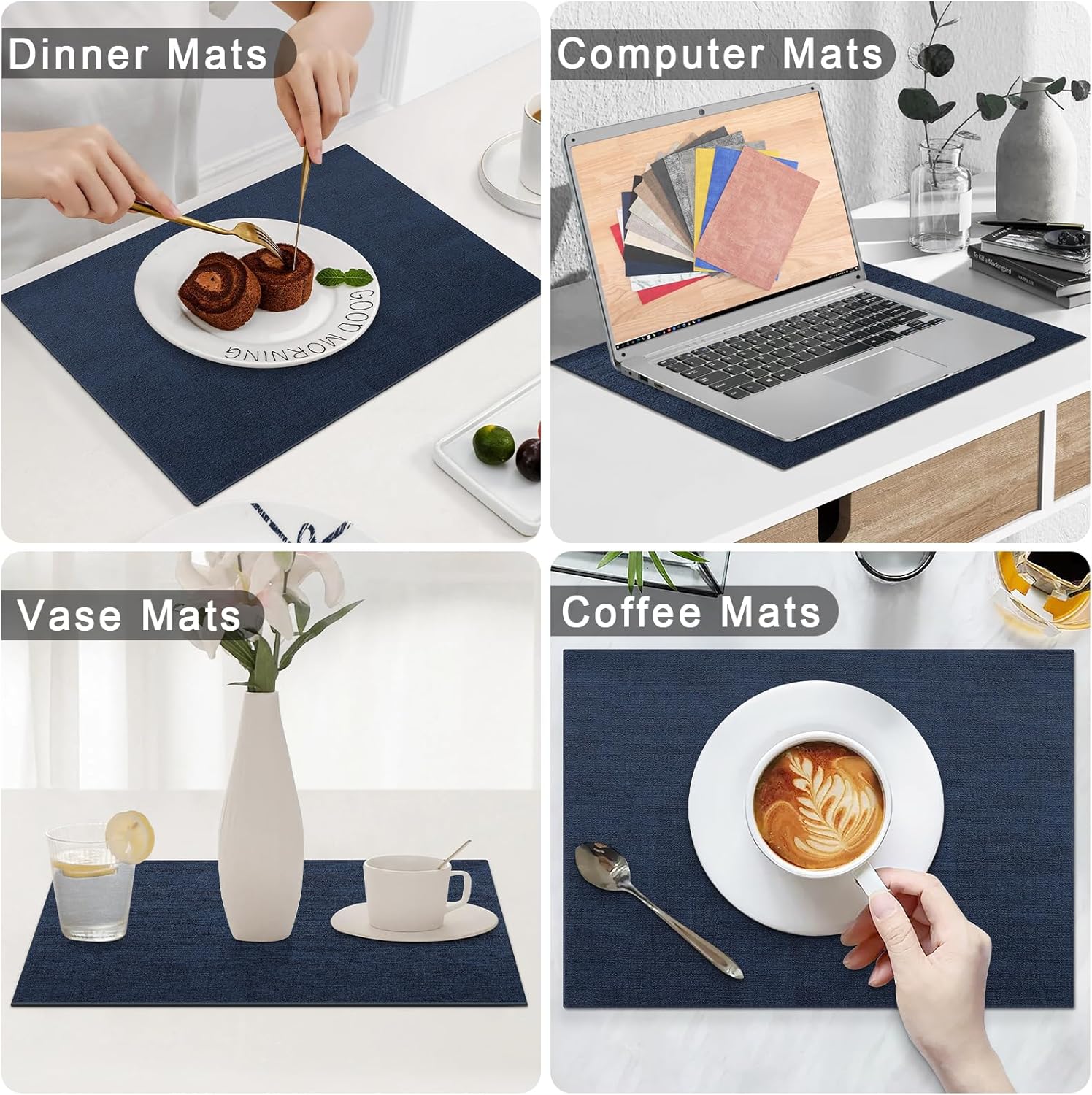Homaxy Faux Leather Heat Resistant Placemats for Dining Table Set of 8, Waterproof Wipeable Washable PU Table Mats, Easy to Clean Anti-Slip Place Mats, 11.8" x 17", Navy Blue