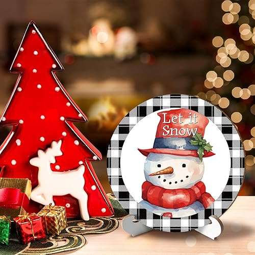 Miniatura 3 de Placa redonda de mesa de Navidad con soporte de madera, decoración de bandeja escalonada para el hogar, letrero de madera Let It Snow, letrero de