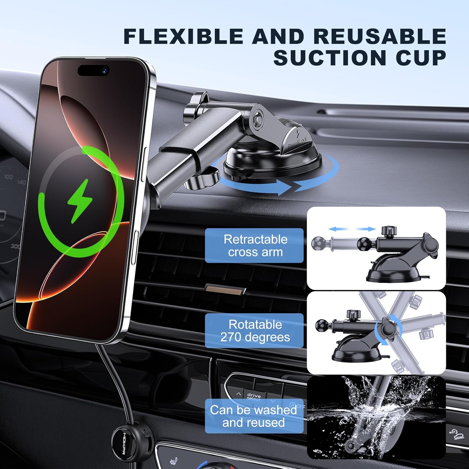 MOKPR for Mag-Safe Car Mount Charger, Magnetic Phone Holder for Your Car Charger Dash Windshield Vent Magnetic Wireless Car Charger Mount for iPhone 17 16 15 14 13 12
