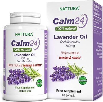 حبوب زيت اللافندر Nattura Calm Aid - 500 مجم - 60 كبسولة هلامية - طبيعية 100%، تساعد على تقليل التوتر، تهدئة للجسم والعقل، غير معدلة وراثيًا، موافق للشريعة اليهودية معتمد