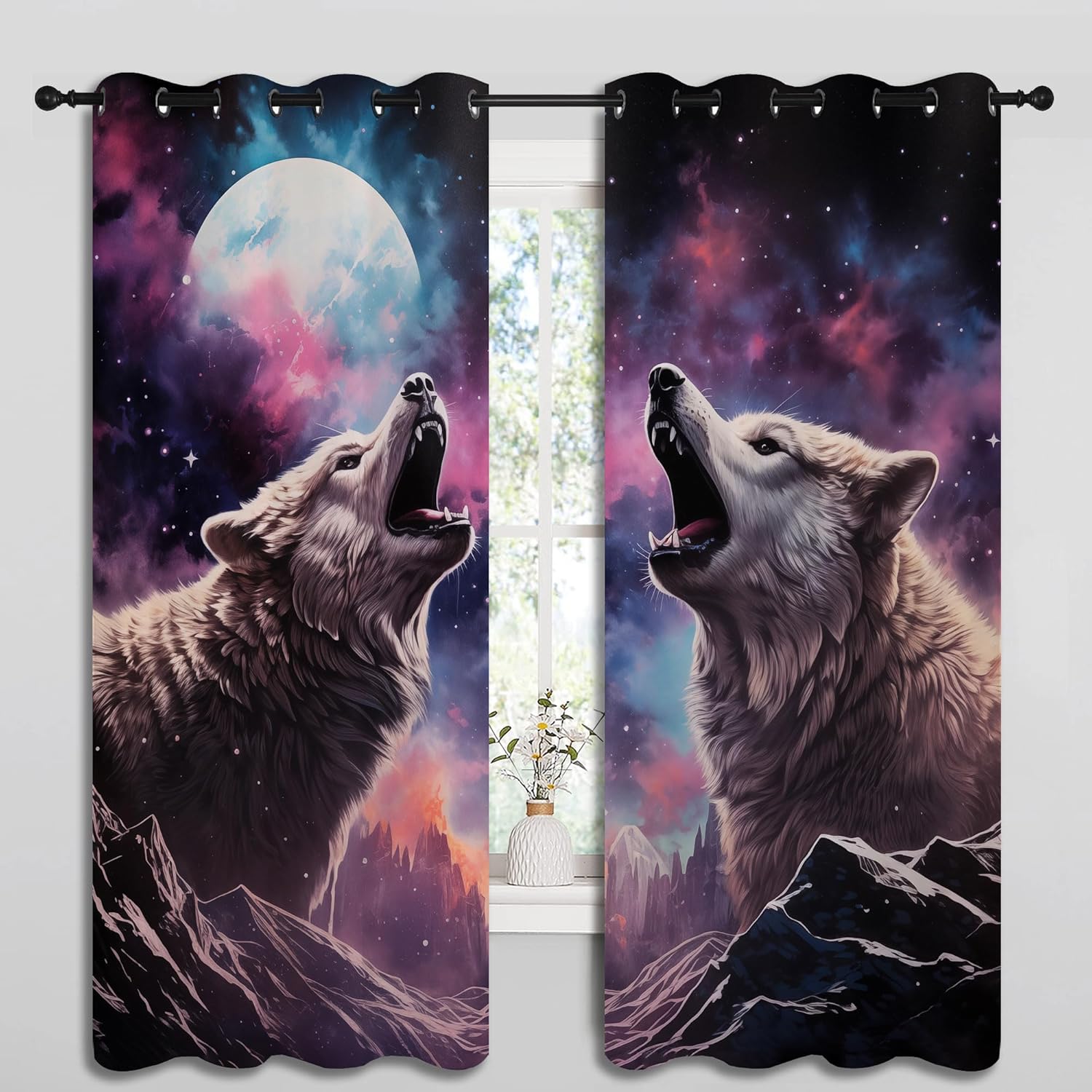 Wolf Blackout Curtains for Boys Girl Bedroom Decor,Fantasy Starry Sky Galaxy Forest Wildlife Thermal Insulated Grommet Drapes Darkening Window Curtain for Living Room Home 63x63 inch
