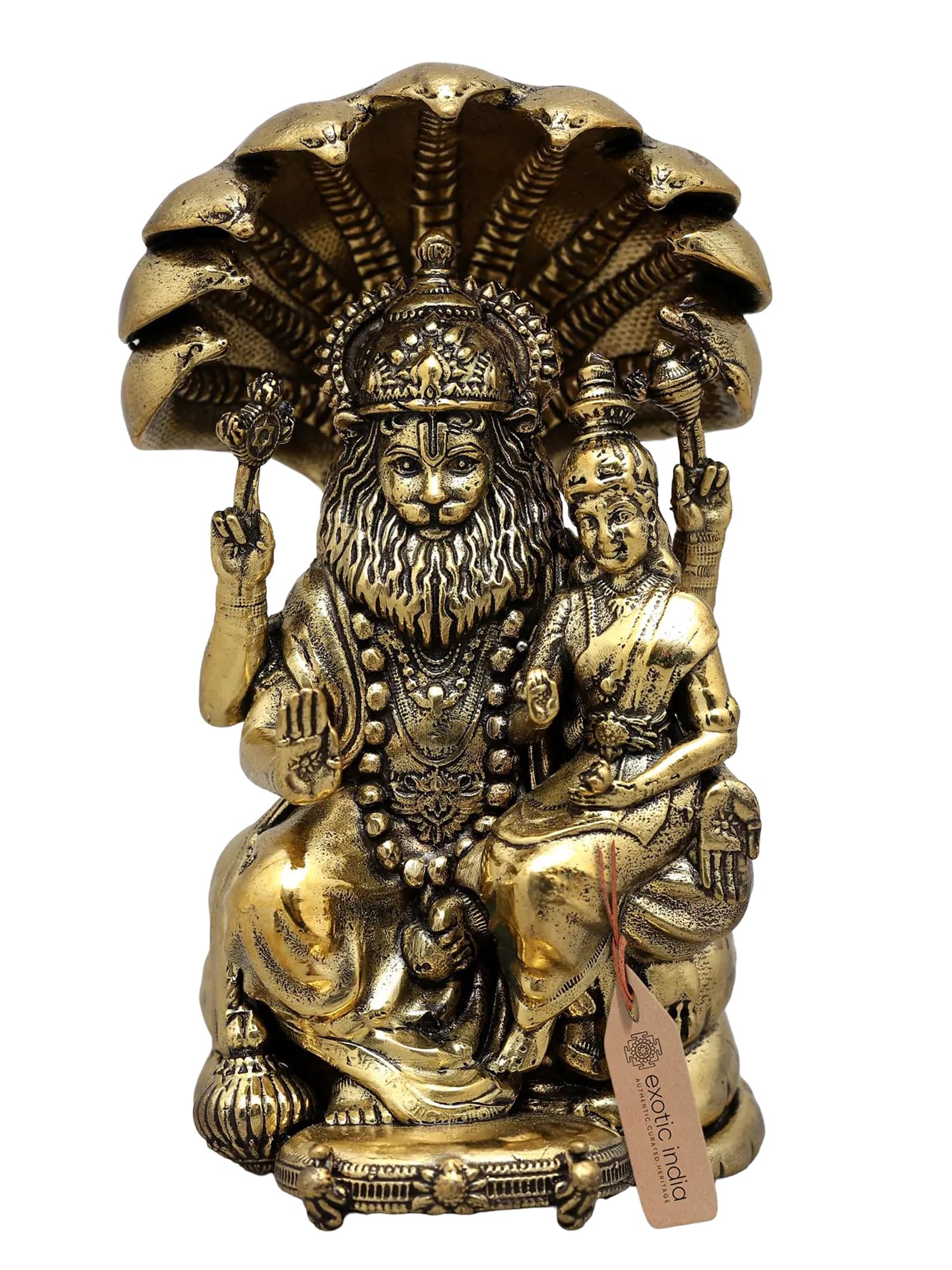 Exotic India Yellow Superfine Sitting Lord Narasimha With Devi Laksmi Brass Statue | Maa Lakshmi Hindu Goddess Idol For Pooja Mandir, Home Décor, Office