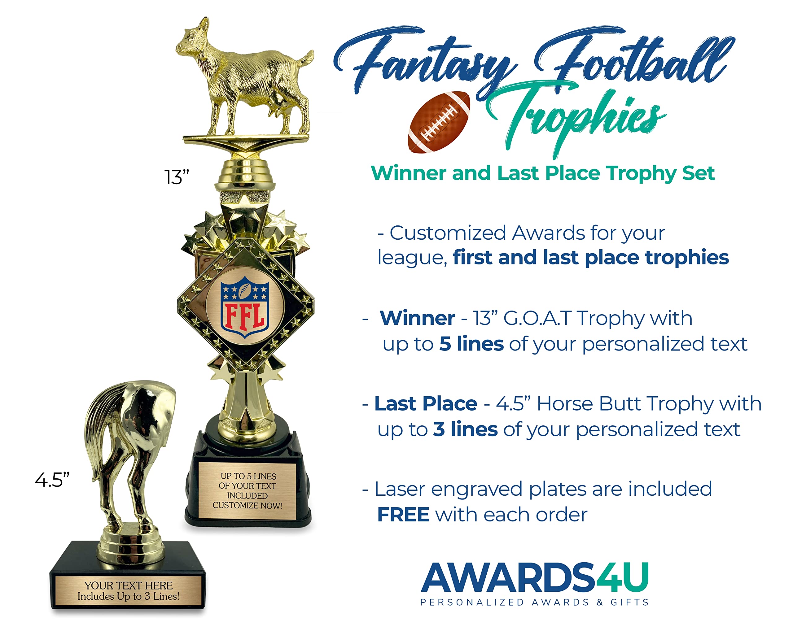 Awards4U Winner and Loser Trophies - Personalized Goat and Horse Butt Trophy Set with Customized Plates for 1st and Last Place (Fantasy Football)