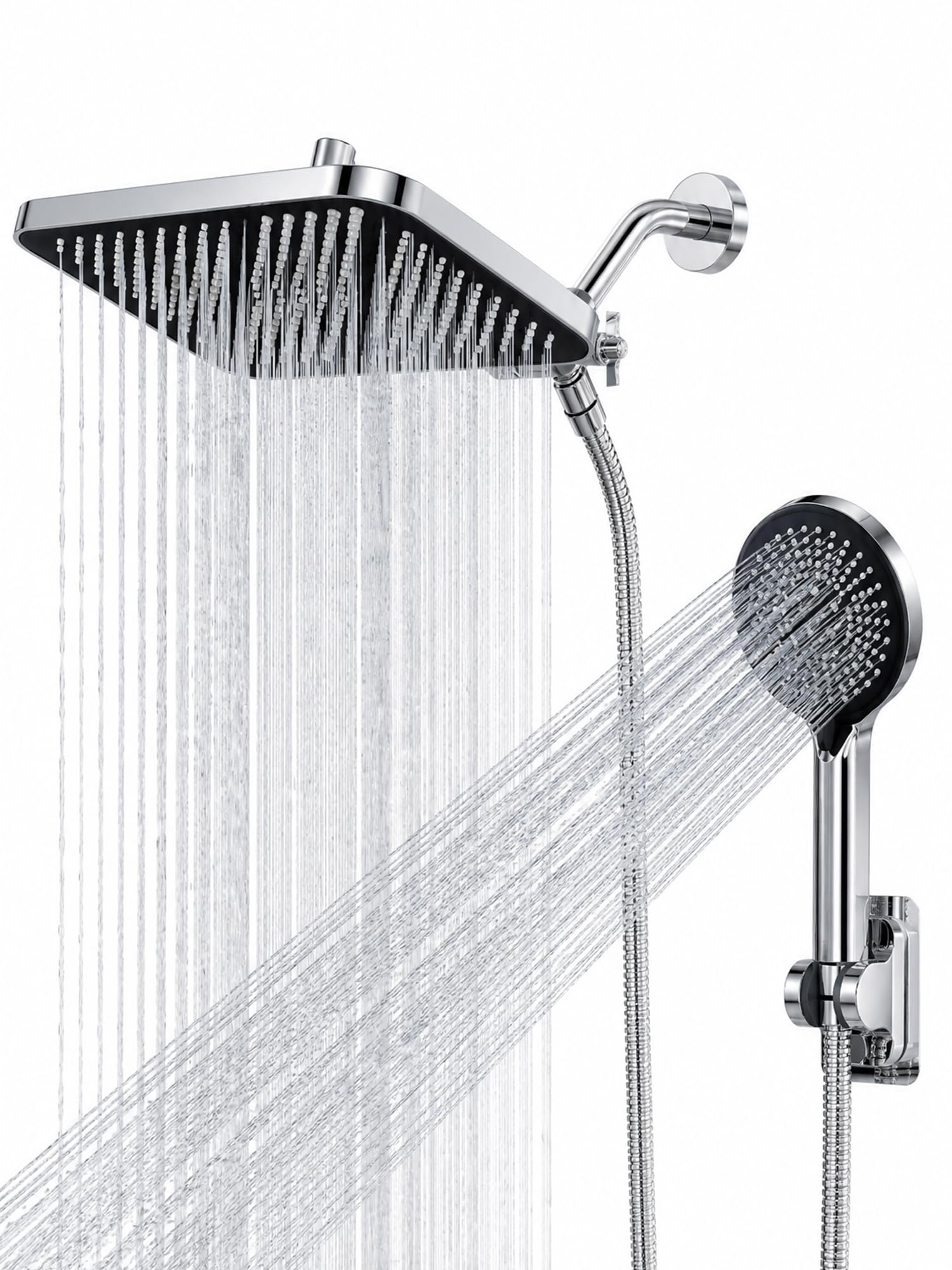 JOOM Cabezal de ducha con mano, combo de lluvia de alta presión, cromado | Brazo de extensión, antifugas, con soporte, altura y ángulo ajustable