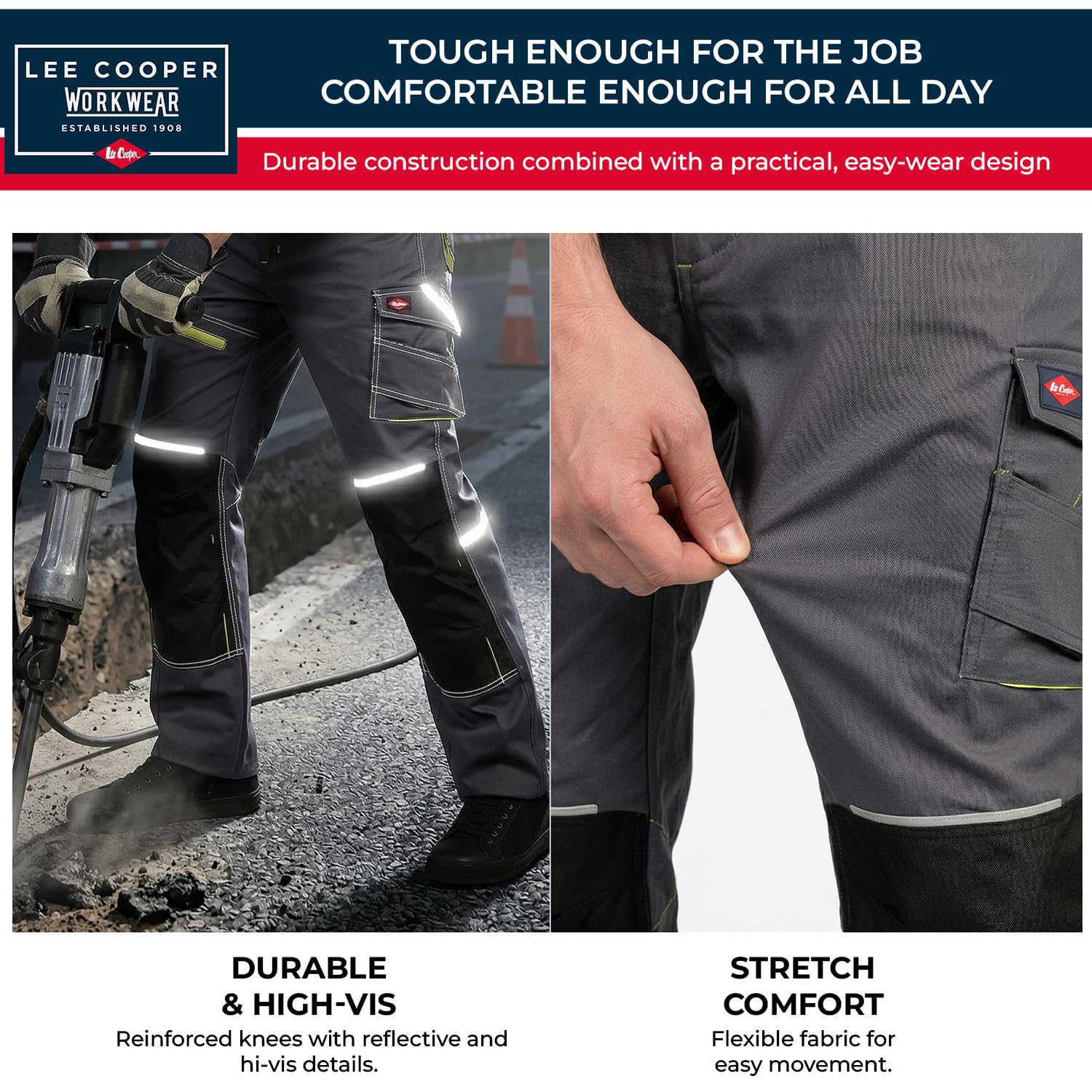 Lee Cooper LCPNT246 Męskie spodnie robocze cargo stretch z kieszeniami na nakolanniki, elementy Hi-Vis, kieszenie narzędziowe