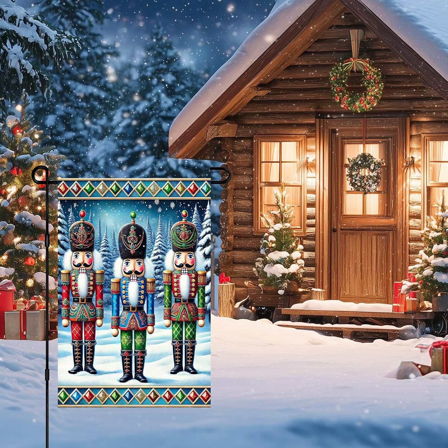 IVN Christmas Garden Flag 12x18 Inch Nutcracker Soldiers in Colorful Uniform with Snowy Pine Trees and Holiday Border Flag Double Sided Outdoor Yard Banner for Porch Lawn Patio Decor Winter - Image 3