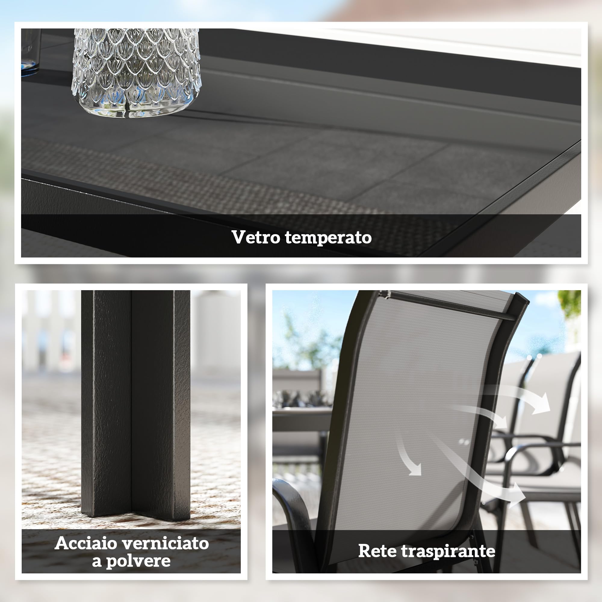 Outsunny Set Tavolo e Sedie da Giardino 9 Pezzi, Set Pranzo Esterno con Tavolo in Vetro Temperato, 8 Sedie Impilabili in Texteline, Set Mobili da Giardino per Terrazza Balcone Patio, Grigio Chiaro