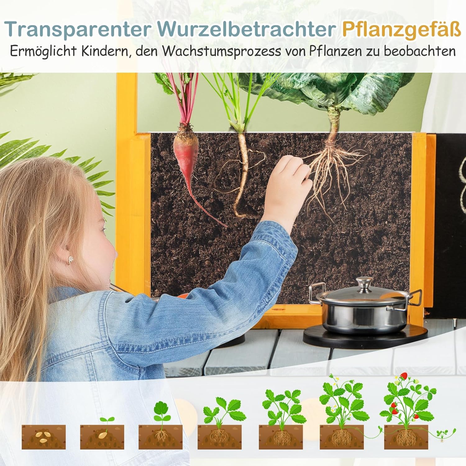 FANTASK Matschküche Kinder Outdoor, Kinderküche Tannenholz mit Pflanzbehälter & 2 Kreidetafeln & Wasserhahn & Waschbecken (Blau)