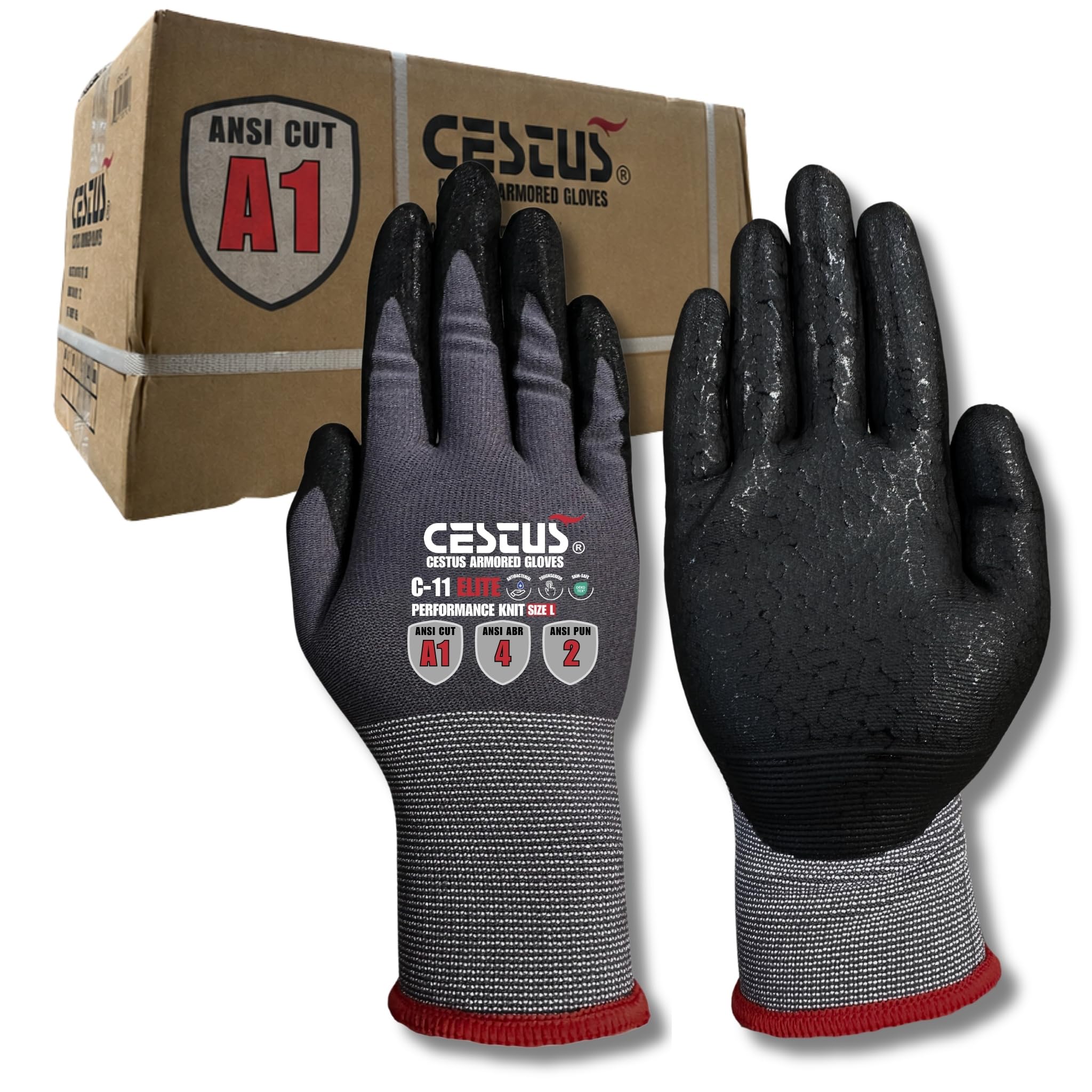 Cestus C11e, ANSI A1 - Guantes de trabajo resistentes a cortes con agarre, revestimiento de nitrilo texturizado, pantalla táctil, tejido fino 15G sin costuras (120 pares, XL)