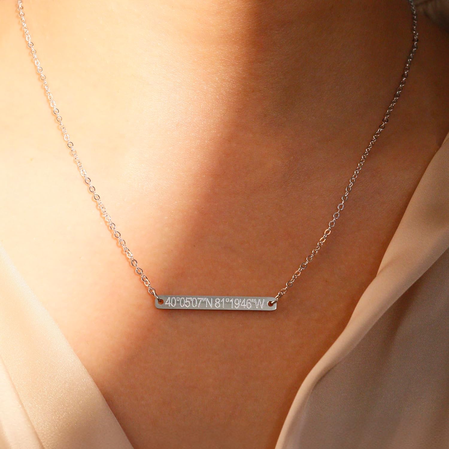 Petite Boutique Personalized Gift Coordinate GPS Necklace GPS Coordinate Personalized Gold Silver and Rose Gold Bar Plate with Delicate Dainty Charms
