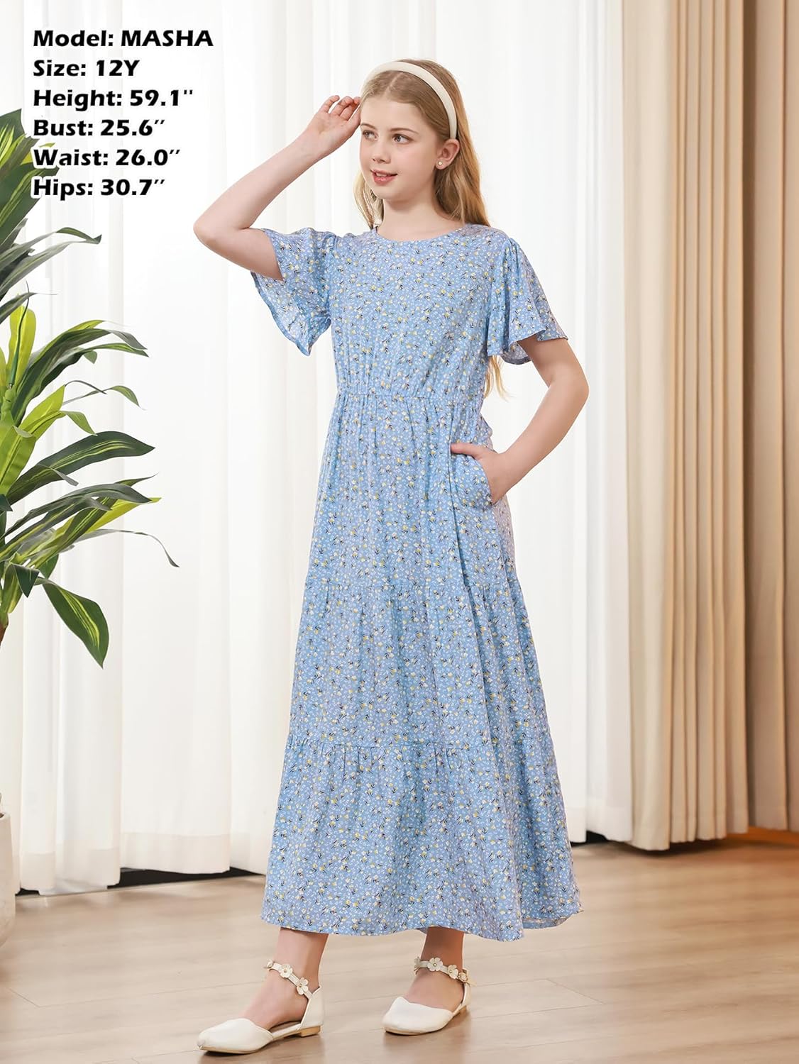 GORLYA Girls Floral Dress Maxi Tiered Round Neck Short Sleeve Elastic Waist Casual Dress 6-14 Years - Image 5