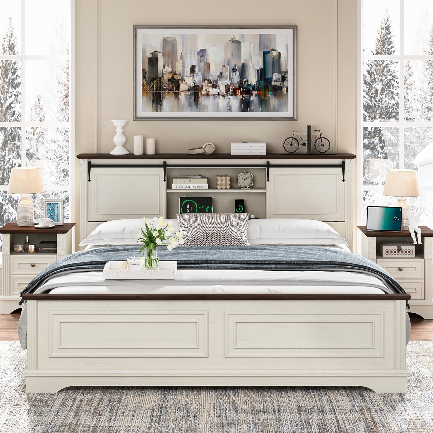 Detailed view of the headboard's charging station, showing two standard power outlets and two USB ports integrated into the design.