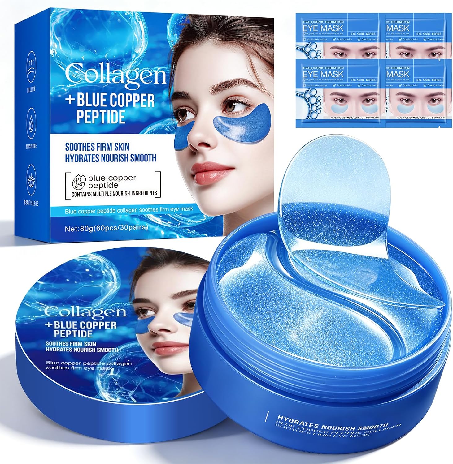 Kolagenowe płatki pod oczy przeciw starzeniu się skóry z Blue Copper Peptide Serum, 68 sztuk kwasu hialuronowego pod oczy z niacynamidem przeciw cieniom pod oczami, worki pod oczami, worki pod oczami