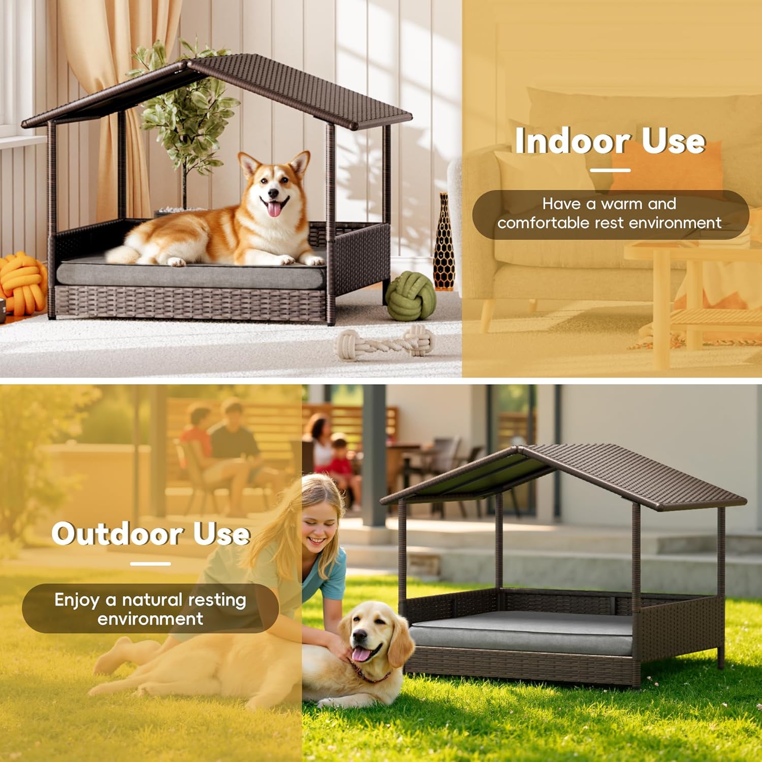Greesum Wicker Dog House for Small/Medium Dogs, Outdoor Indoor Elevated Dog Shelter Dog Bed with Cushion, for Deck, Patio, Yard, Pool, Black House