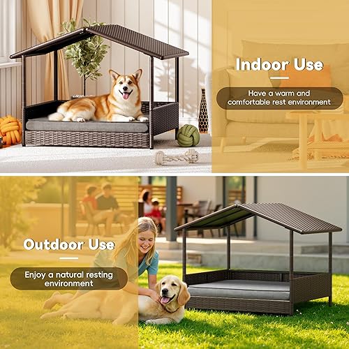 Miniatura 7 de Greesum Casa de mimbre para perros pequeñosmedianos, cama elevada para perros al aire libre e interior con cojín, para terraza, patio, piscina, casa