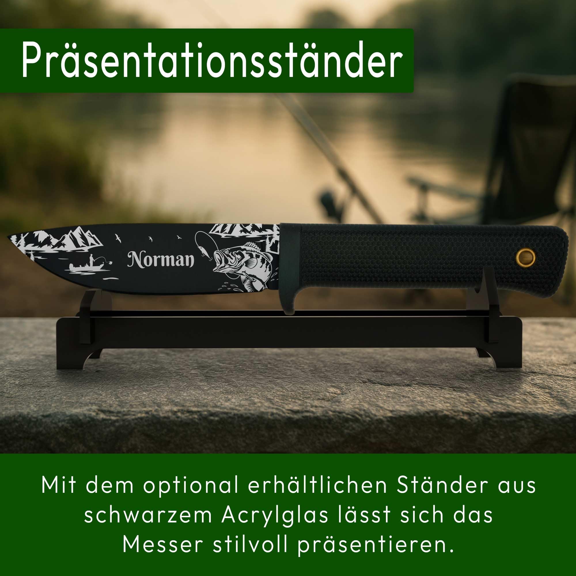 ADAM WILD Angelmesser mit Gravur | schwarze Klinge | Geschenke für Angler | Personalisiertes Anglermesser, Name & Motiv graviert | robuste Edelstahlklinge & gummierter Griff | inkl. Messerscheide