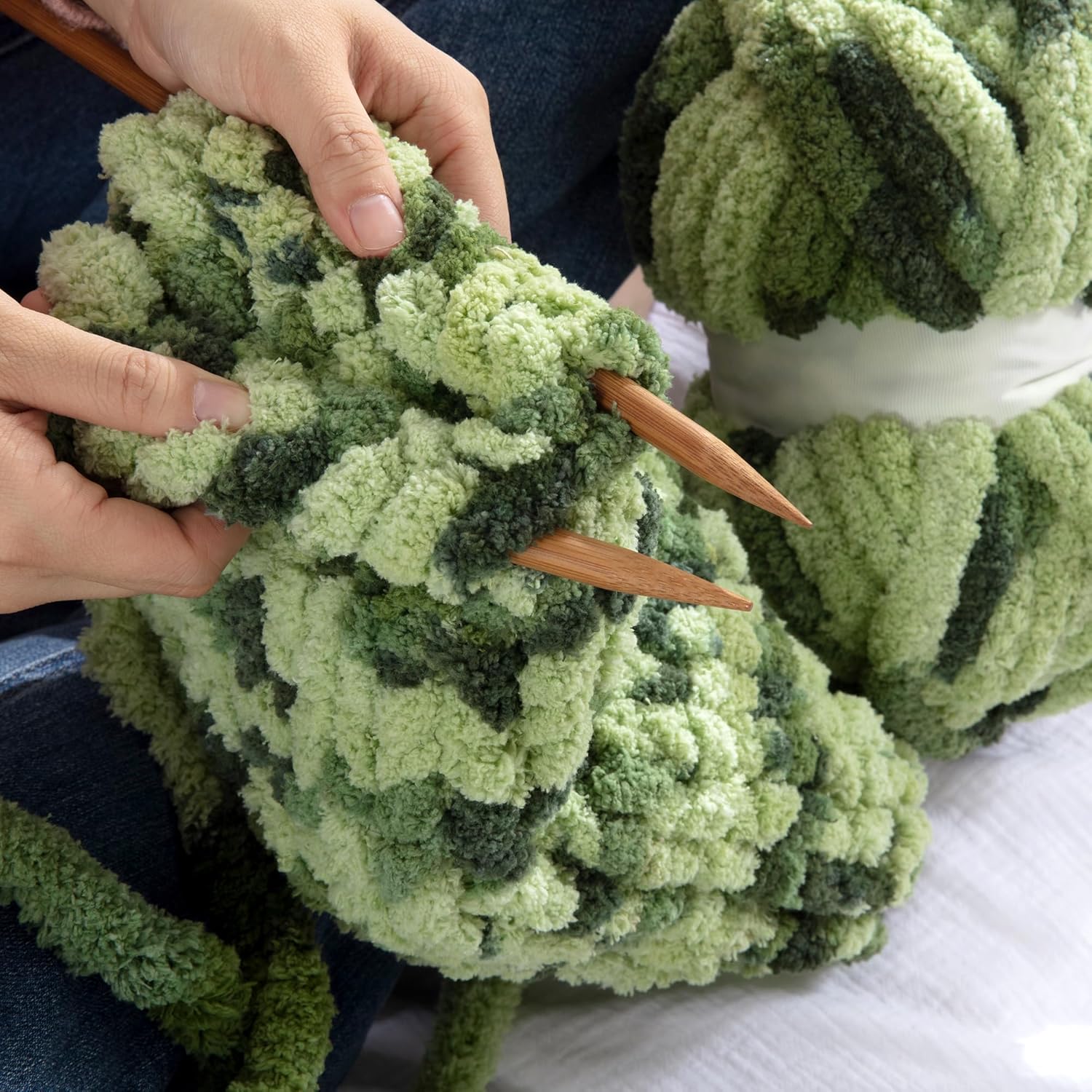 HOMBYS Chunky Tie Dye Mix Chenille Yarn for Hand Knitting, Super Bulky Jumbo Yarn for Crocheting, 3/4" Thick Soft Plush Yarn for Blankets, 8 Skein Pack (26 yds / 7.5 oz Each) Dark Green Sage