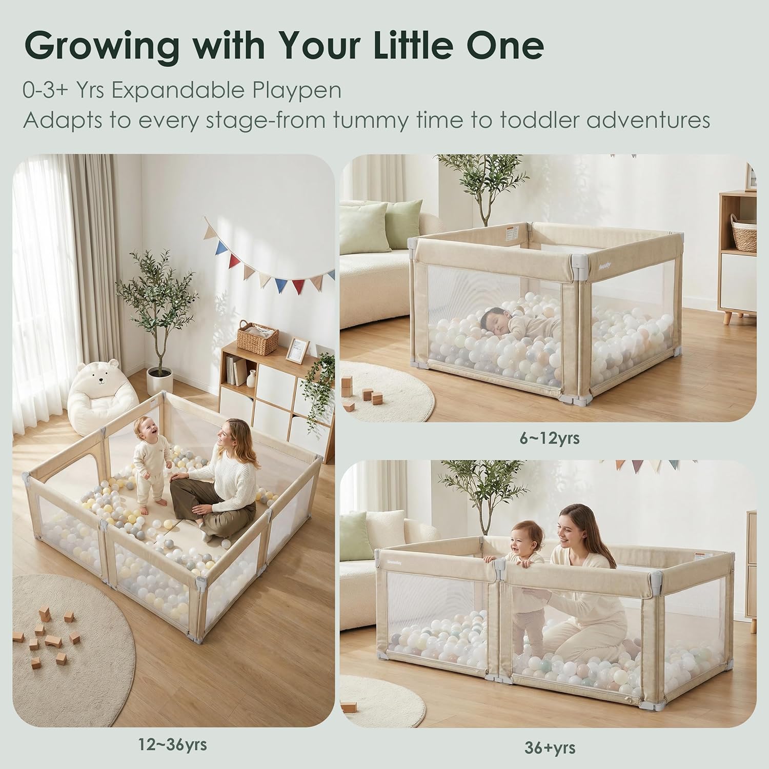 Sweeby Foldable Baby Playpen, 59x59 Playpens for Babies and Toddlers Extra Large Play Yard with Door Baby Fence with Zipper Door and Indoor & Outdoor Play Pen, Light Khaki