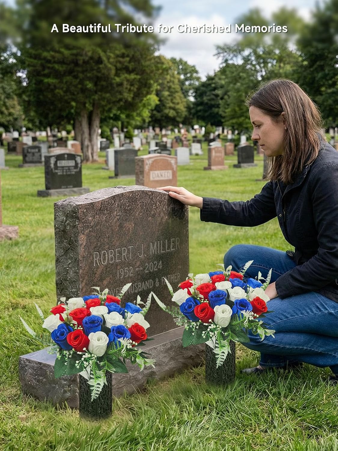 2-Pack Cemetery Flowers for Grave with Spiked Vases, 18-Stem Artificial Red & Blue & White Rose Memorial Flowers, Non-Bleeding Outdoor Gravesite Decorations for Headstones