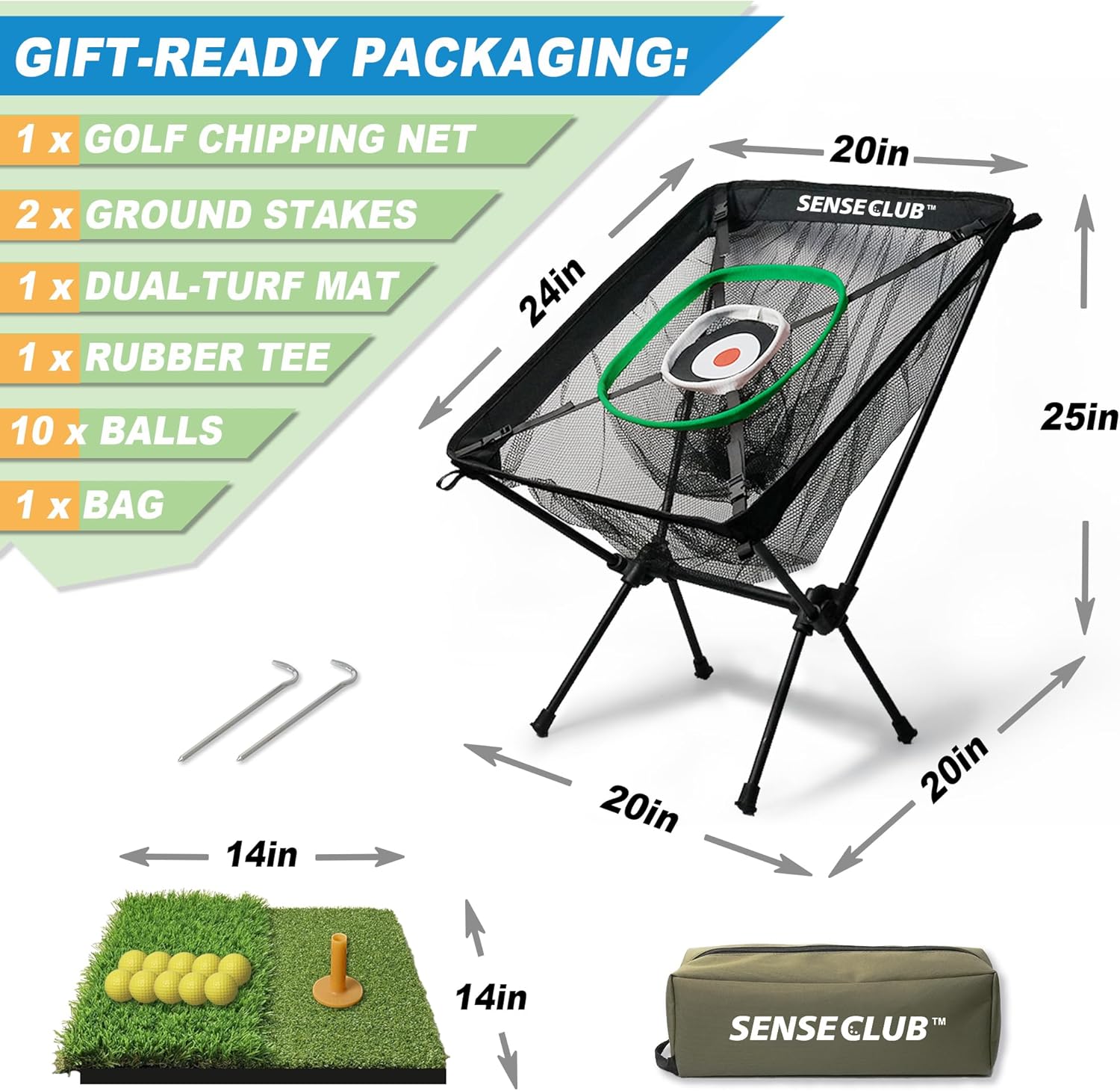SENSECLUB Foldable Chipping Net with Mat & Balls, Heavy-Duty Practice Golf Net Chipping Target, Backyard Golf Game & Gifts