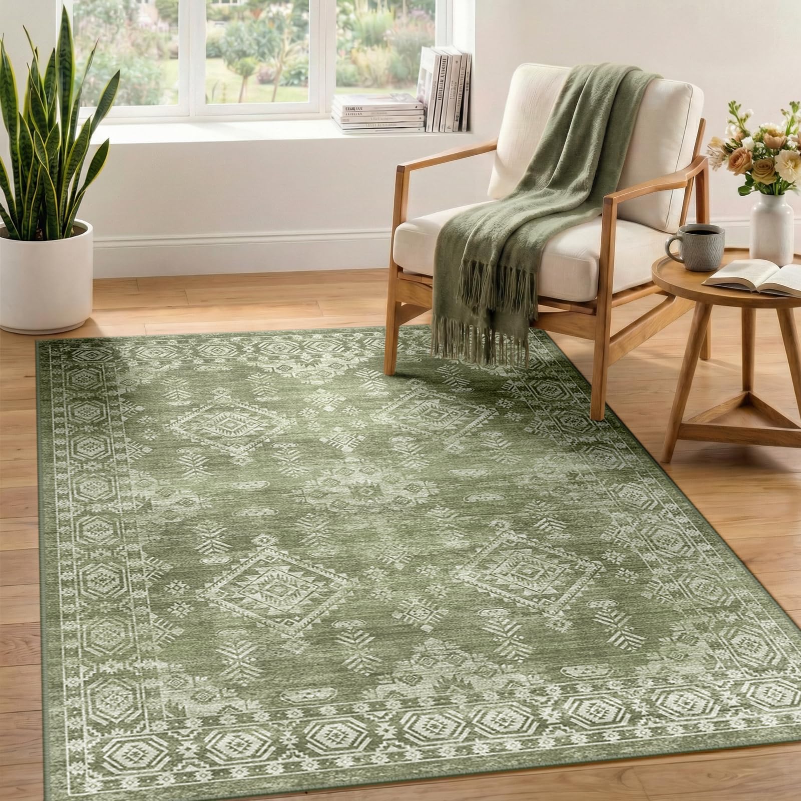 DEFYNEE Machine Washable Rugs Living Room 120x180cm, Soft Short Pile, Non-Slip Vintage Rugs for Bedroom, Moroccan Rug for Dining Room, Hallway, Green โ image 1