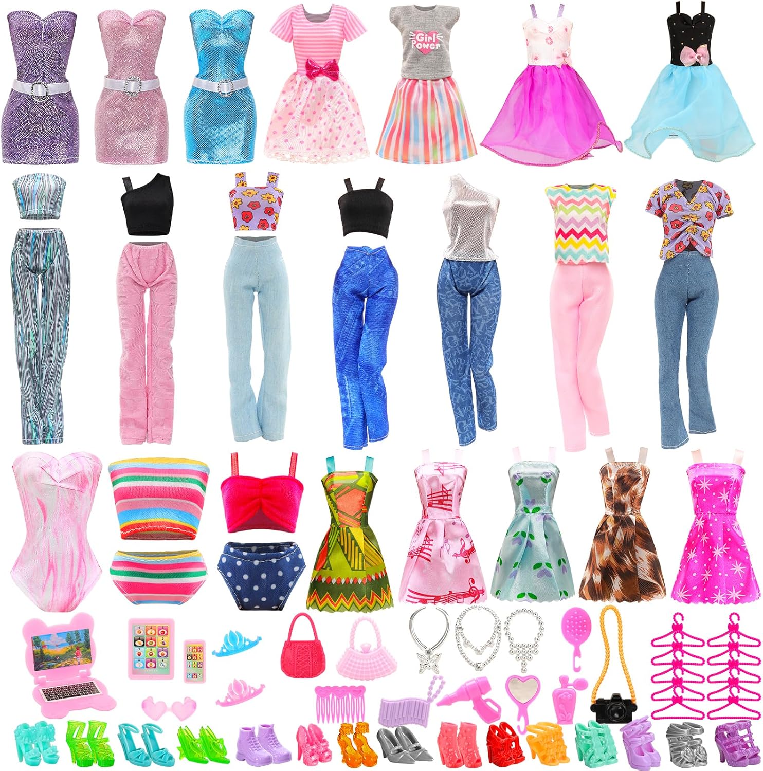 ENOCHT 51 PCS Doll Clothes and Accessories Including Fashion Dresses, Tops and Pants Outfits, Party Dresses, Swimsuits Bikini 38 PCS Shoes Hangers and Other Accessories for 11.5 inch Dolls