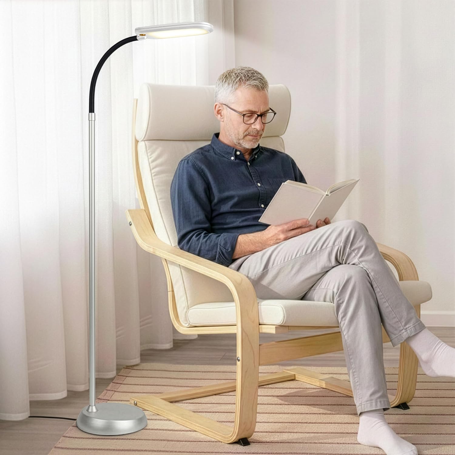 Brightech Litespan Slim LED Floor Reading Lamp with Adjustable Gooseneck for Living Rooms & Offices, Dimmable Standing Lamp for Bedroom - Silver