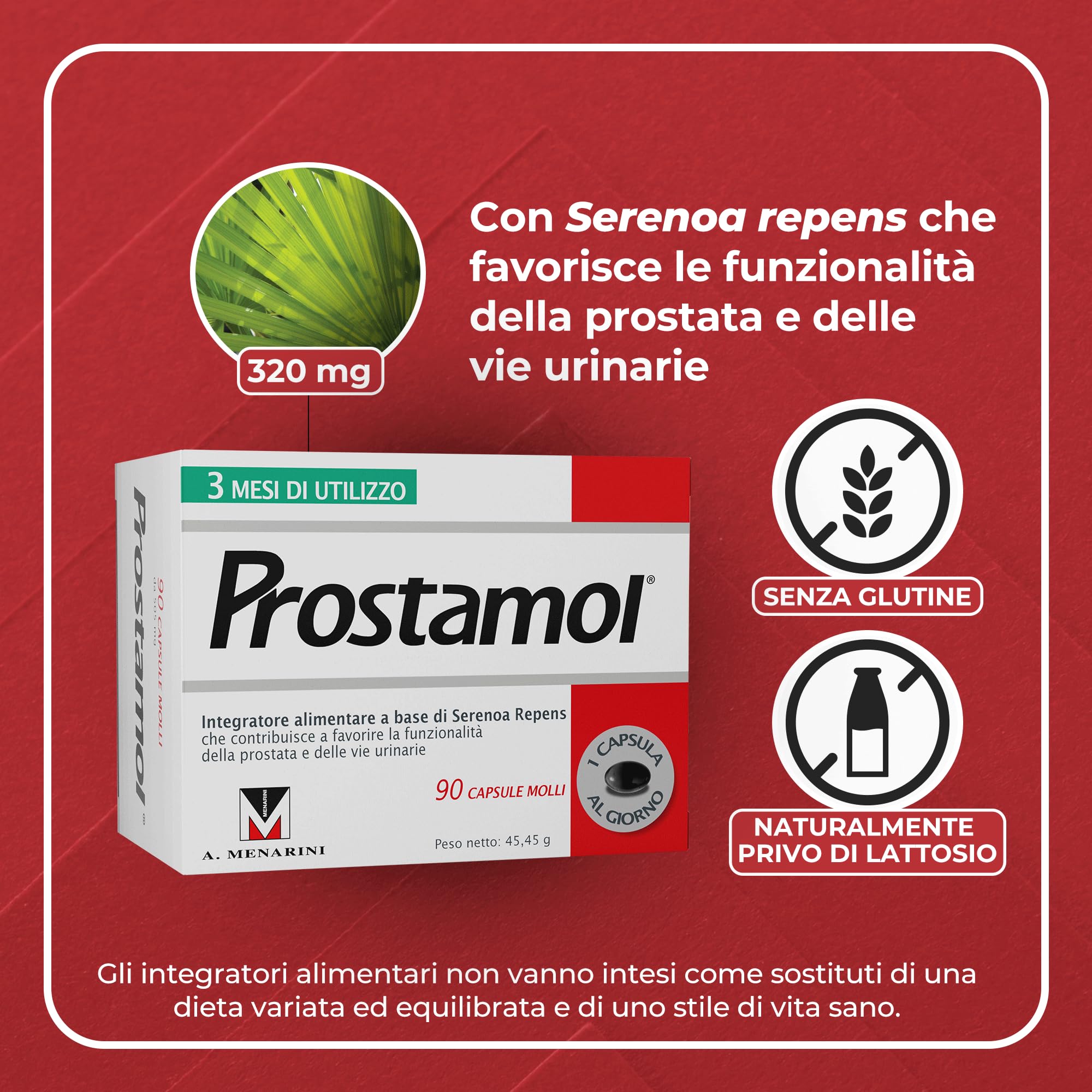 Prostamol 90 Capsule Molli - Integratore Alimentare a base di Serenoa repens (320 mg) per la Funzionalità della Prostata e delle Vie Urinarie. Senza Glutine.