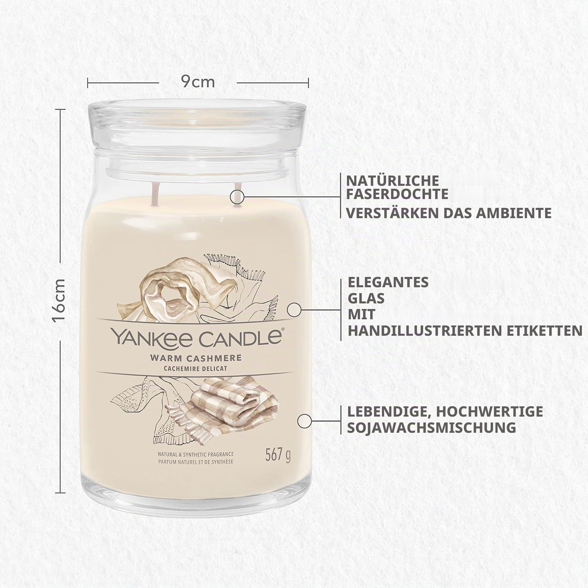 Yankee Candle Signature Duftkerze ; große Kerze mit langer Brenndauer „Warm Cashmere“ ; Soja-Wachs-Mix